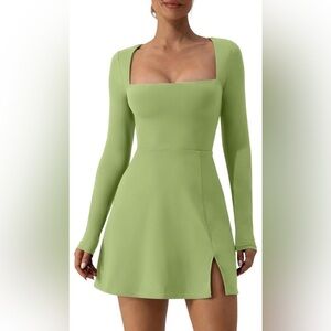QINSEN Womens Square Neck Bodice Dress Long Sleeve Side Slit Flare Mini Dresses